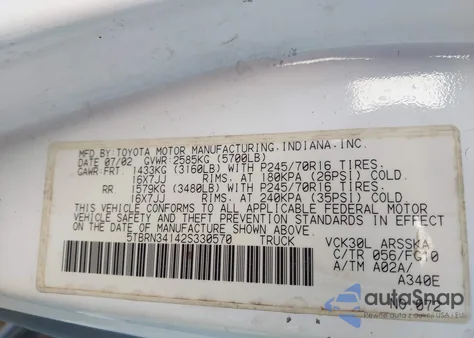 2002 Toyota Tundra Sr5 z USA, uszkodzony, nr VIN 5TBRN34142S330570